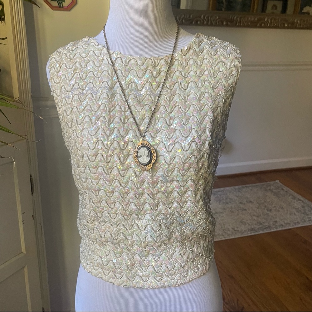 Vintage Iridescent Champagne Sequin Full Zip Up Back sleeveless Shirt by Camille